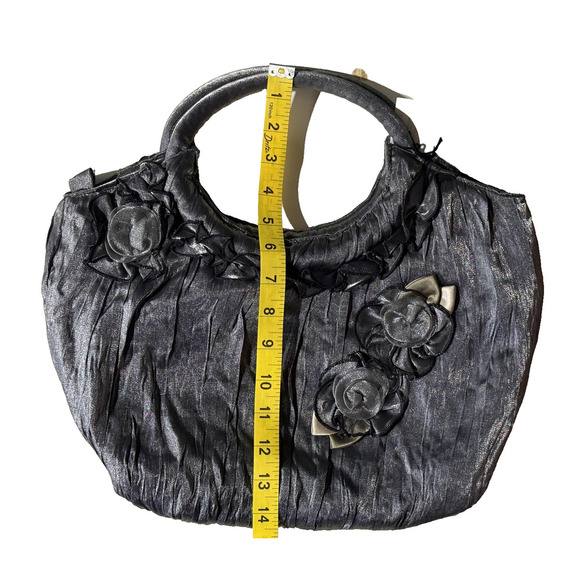 Vintage Satin Pleated Floral Evening Handbag Black Purse Bag Formal Party Tote - Picture 8 of 8